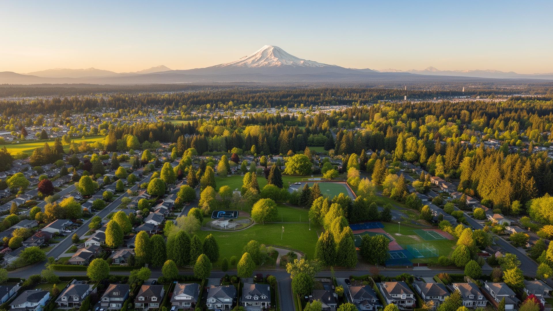 Aerial view of Lacey, Washington with Mount Rainier